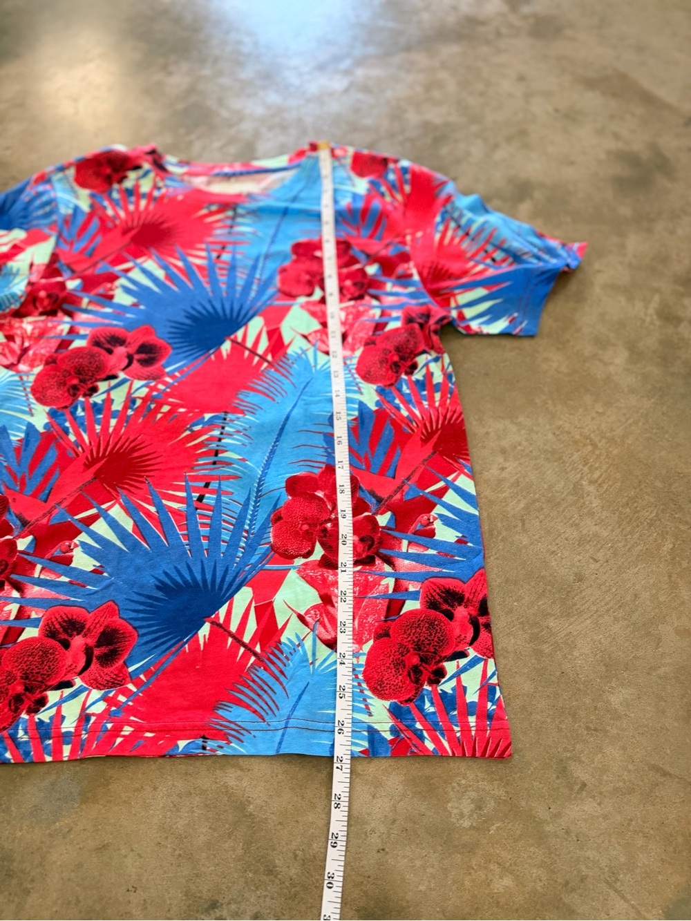 Vera Largo Tropical Floral Palm Print Tee Bright Blue Red Size S - Picture 5 of 6